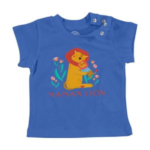 T-SHIRT T-shirt Bébé Manche Courte Bleu Reine Maman Lion Dessin Illustration Savane