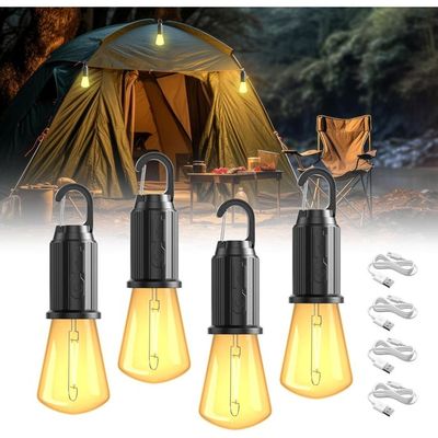 Lot De 4 Lampes LED Camping Avec Crochet – 3 Modes (fort, Faible, Stroboscope), Résistantes à L’eau, Compactes – Pour Tente, Randonnée