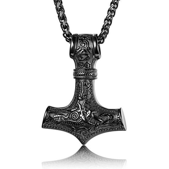 Collier Pendentif Marteau De Thor (Mjolnir) En Acier Titane - Chaîne 24 Pouces - Style Punk Vintage