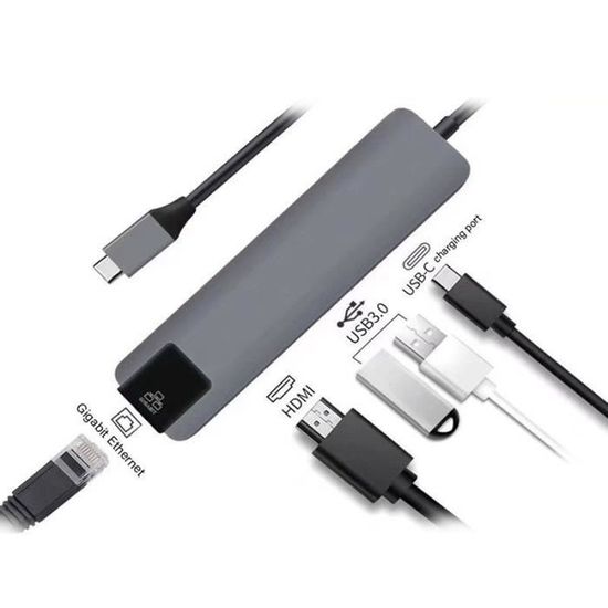 5 en 1 concentrateur USB de type C HDMI 4K adaptateur de concentrateur USB C Hub vers Gigabit Ethernet Rj45 Lan gris