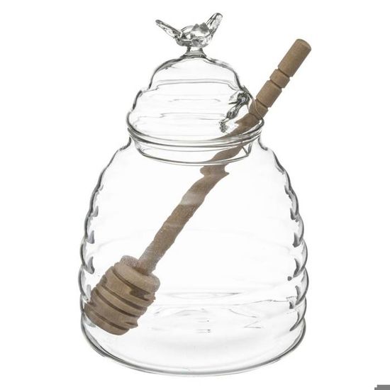 Luckwaii Pot à Miel Avec Cuillère - 500 Ml - Distributeur En Verre Avec Couvercle En Bois - Rond - Transparent - Stockage De Miel Et Sirop