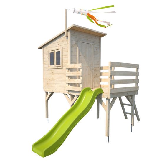 Maisonnette en bois verni sur pilotis avec toit plat et toboggan pour enfants –
