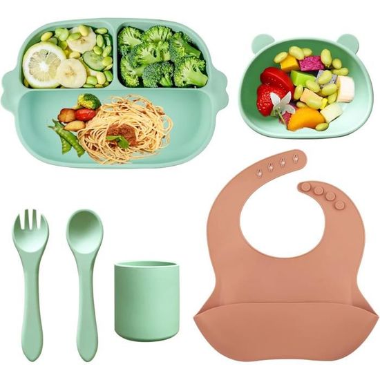 Coffret Repas Bébé 6 Pièces - Assiette Ventouse, Couverts Silicone, Sans BPA, Lavable