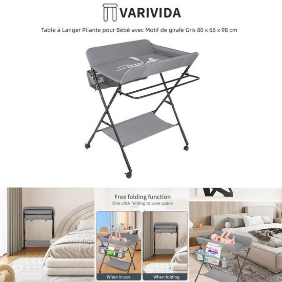 Table à Langer Bébé Pliable Morlinca - Hauteur Réglable 5 Niveaux (88-94 Cm), Avec Panier Rangement, Roulettes - Gris - 6