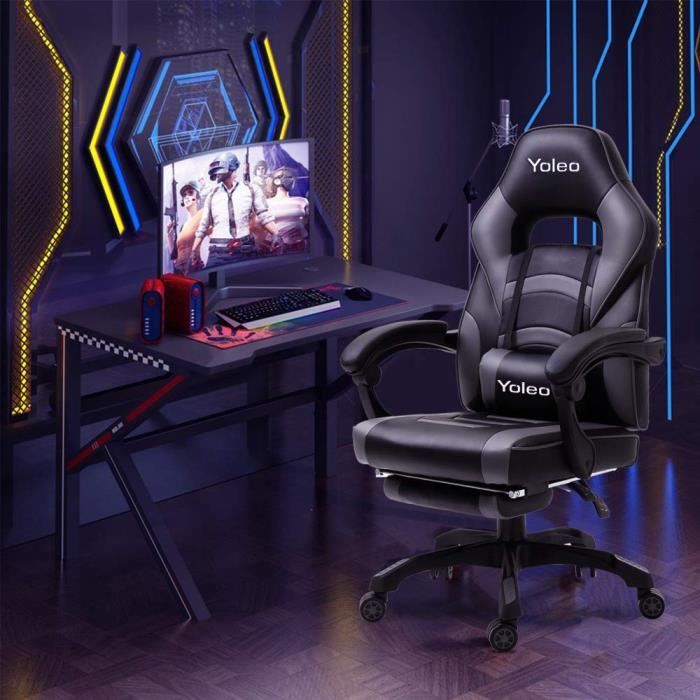 YOLEO Chaise de bureau ergonomique 114-124 cm chaise gaming bureau gamer avec Repose-pieds et Support lombaire Inclinable 135°- Gris