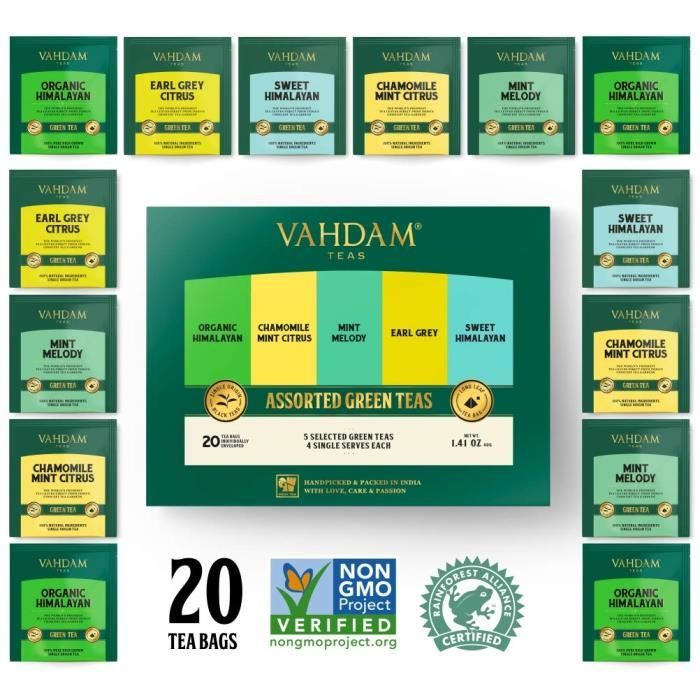 VAHDAM, Échantillonneur de Thés Verts, 5 Thés - Lot de Thés Variés - Sachets de Thés Verts Assortis - 20 Sachets de Thés Verts Bio,