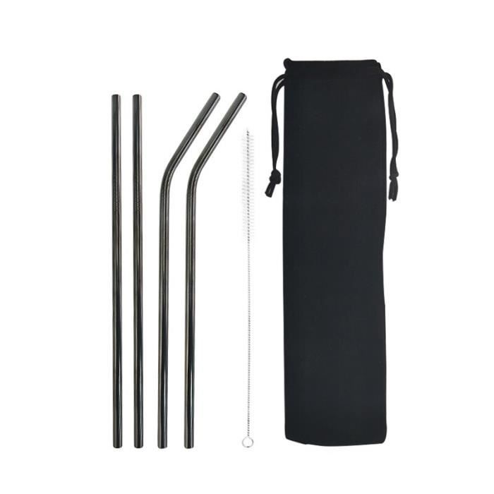 Black 4pcs Black -Paille colorée réutilisable de haute qualité, en acier inoxydable 304 avec brosse de nettoyage pour tasses 20-30oz