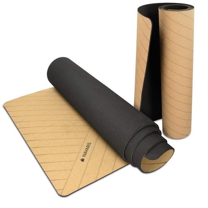 Navaris Tapis de Yoga en liège - Tapis antidérapant en liège Naturel et TPE - Sangle de Transport - 183 x 61 x 0,5 cm - Gymnastiq