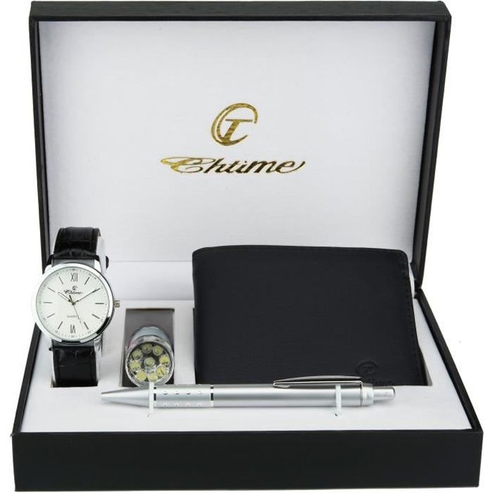Coffret Cadeau Montre Homme Blanc - Lampe LED - Portefeuille - stylo