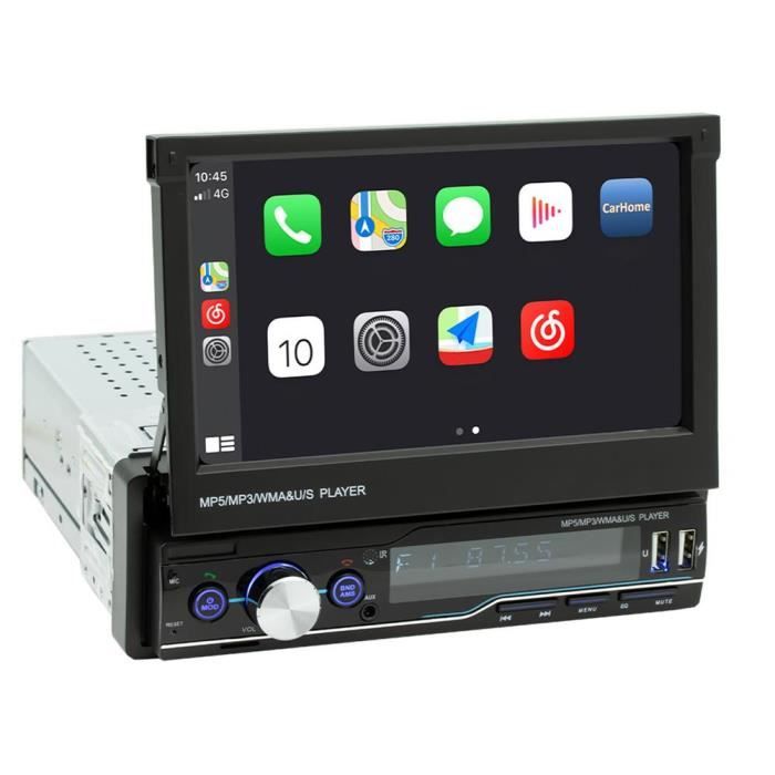 T100C Autoradio stéréo Bluetooth, CarPlay HD, écran tactile rétractable, lecteur MP5, récepteur FM, caméra de