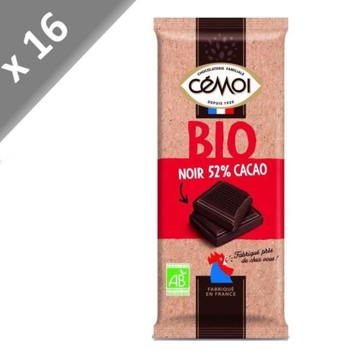 CEMOI Lot de 16 Tablettes - Familiale Chocolat noir 52% - Bio - 100g