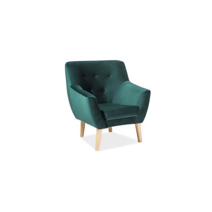 NORDIN - Fauteuil de salon style scandinave - Hauteur 90 cm - Tissu velours - Pieds en bois - Vert