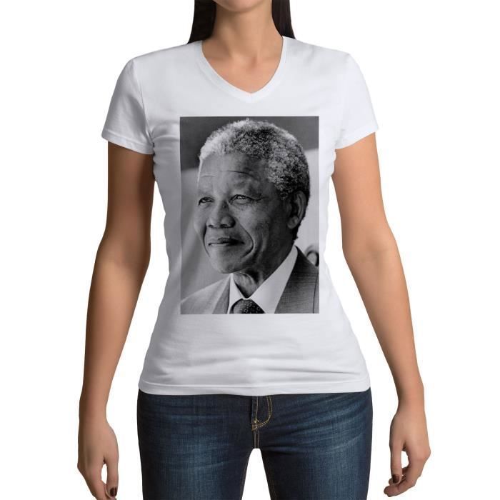 T-shirt Femme Col V Nelson Mandela Portrait Militant Droits Humains Afrique du Sud