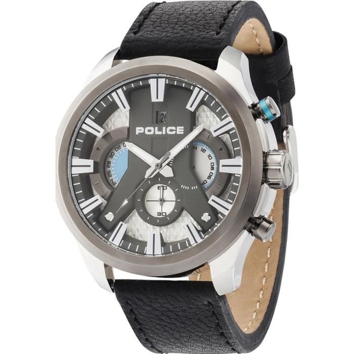 POLICE HOMME 48MM BRACELET CUIR NOIR QUARTZ CADRAN ARGENT MONTRE 14639JSTU/04