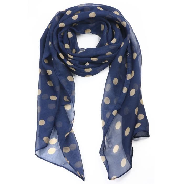 TRIXES Echarpe en Soie à la Mode pour Femmes Bleue Marine à Pois Crème mousseline de soie