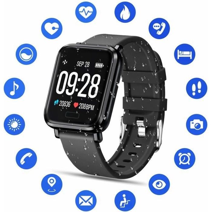 Montre Connectée Femmes Homme Enfant IP68 Etanche Bracelet Connecté Écran Coloré Smartwatch avec Cardio Podometre Sommeil Réveil