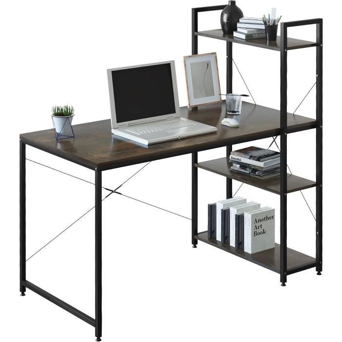 WOLTU Table de bureau en Bois et acier, Bureau d'ordinateur avec étagère de Rangement 120x64x120 cm, Noir+Rouille