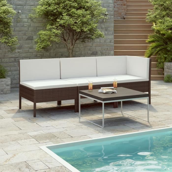 Nouveau Salon de jardin 3 pcs avec coussins Résine tressée Marron #1 #2