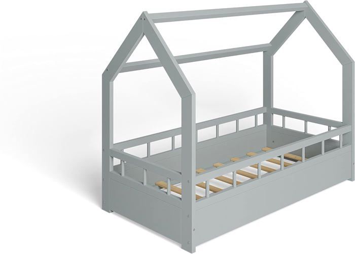 MS FACTORY Lit Enfant Bébé Maison 70x140 cm - Lit en Massif Cabane - Style Scandinave - Gris Barrières