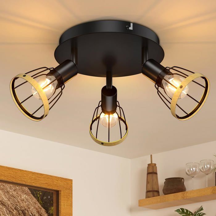 Plafonnier Industriel Rétro Métal Noir Orientable - Lampe Vintage E27 Pour Salon, Bar Et Café