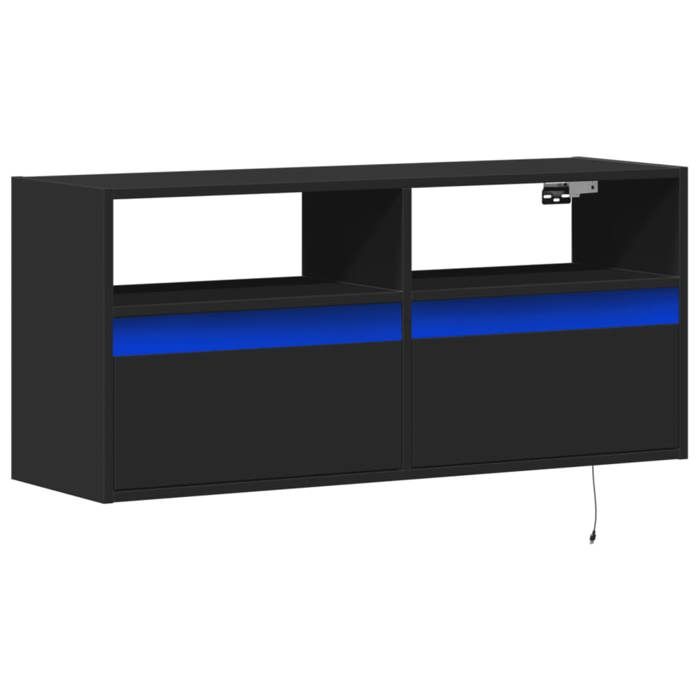 Meuble TV Mural Gris Béton 100x31x45cm - 2 Tiroirs, 2 Casiers, LEDs RGB - Bois Ingénierie