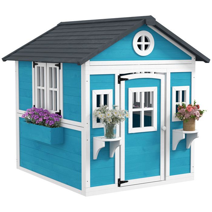 Cabane enfant extérieur - Outsunny - avec porte fenêtres et jardinières - 114 x 1264 x 135 cm - bleu