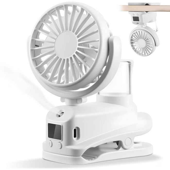 ®RisingFF Ventilateur brumisateur à pince avec affichage LED ventilateur portatif à 4 vitesses ventilateur portable USB (blanc) - Risingff