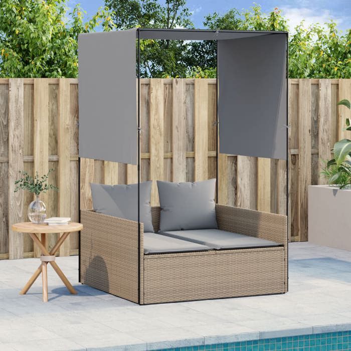 82502& Bains de soleil double avec toit et rideaux beige résine tressée - L118 x P110 x H187 cm - tissu 100 % polyester