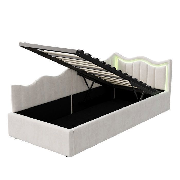Canapé Lit Convertible 1 Place - Velours Blanc - LED Intégrée - Rangement Pratique - Design Moderne