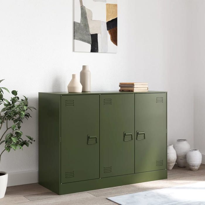 Buffet en acier - vidaXL - Vert olive - 99x39x73 cm - 6 compartiments - 3 portes - 3 poignées en métal - Capacité 90 kg