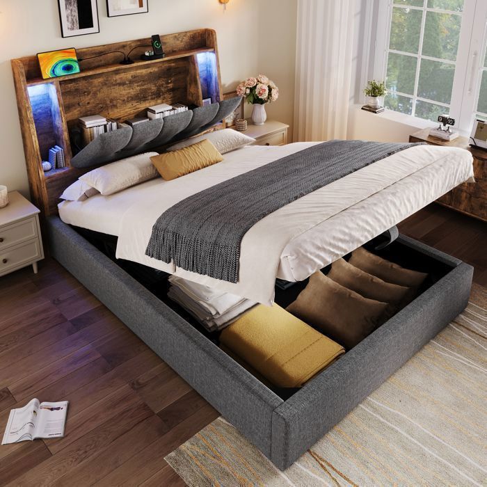 Lit enfant garçon 90×200 cm - Lit coffre simple - Lit rembourré avec USB et Type-C - Sommier à lattes - Lin - Gris