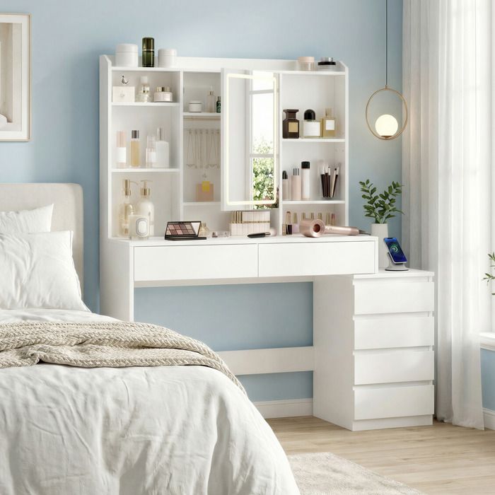 Coiffeuse avec Grand Miroir LED à Luminosité Réglable Multiprise 40 x 1247 x 145 cm Blanc