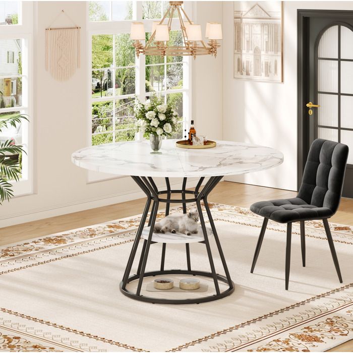 Table à manger ronde noire 100 x 100 x H 76 cm plateau MDF effet marbre pieds métal