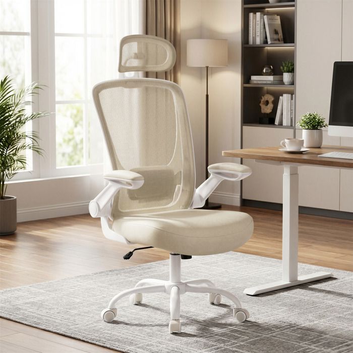 Chaise de Bureau en Maille Chaise Ergonomique Pivotante avec Soutien Lombaire Appui-Tête Accoudoirs Relevables Beige