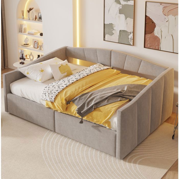 Canapé-lit capitonné gris clair 140 × 200 cm avec rangement hydraulique