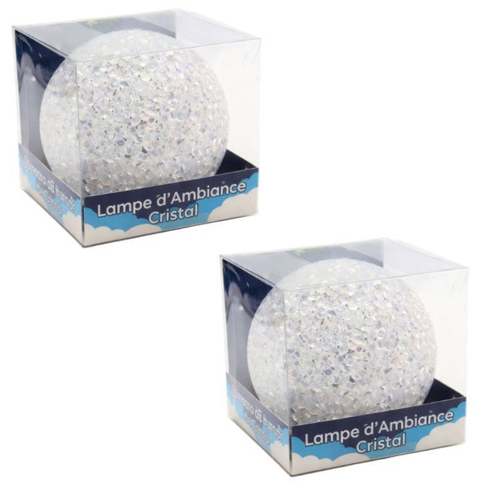 Boules lumineuses LED décoratives - Lot de 2 Effet Cristal 8 cm - Multicolore automatique - Sans fil (piles) - Veilleuse douce