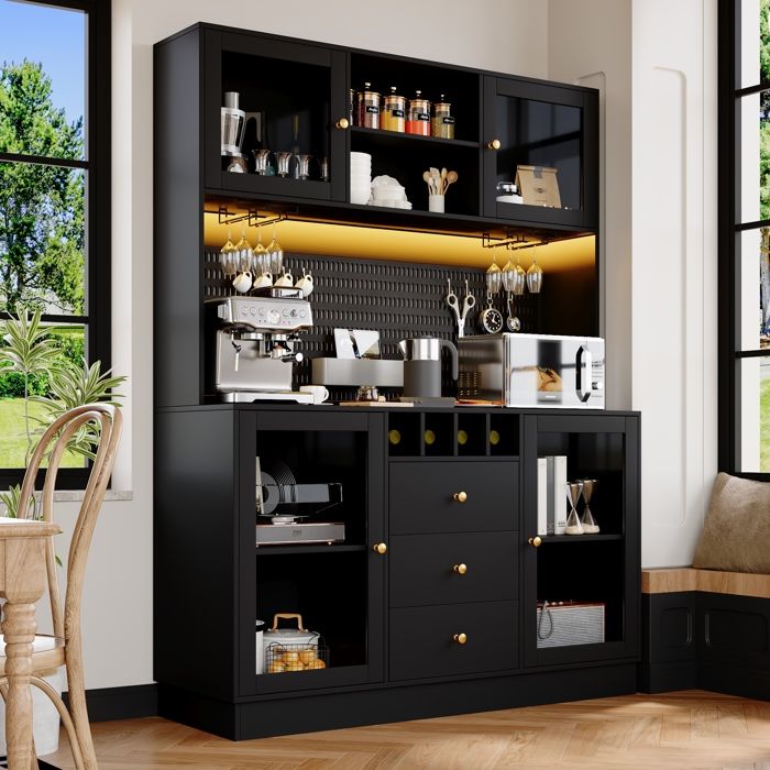 MIVRAY Colonne de cuisine avec 1 Tiroir Range-verres Étagères réglables et LED pour cuisine en MDF Noir 140×40×185 7 cm