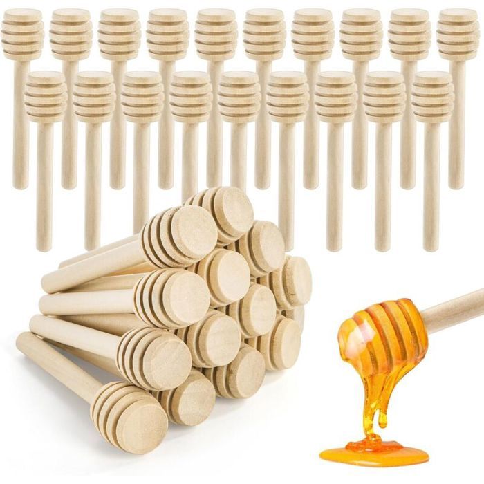 Lot de 100 Cuillères à Miel Bâton en Bois Naturel Mélangeur Ménage Portable Mini Jam Pot à Miel Distributeur - 8 cm