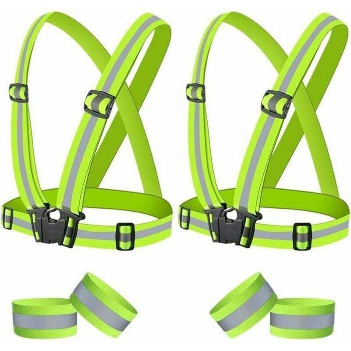 2 gilets réfléchissants vélo + 4 bracelets - Nosheir - Élastique réglable sécurité - Course/jogging/moto