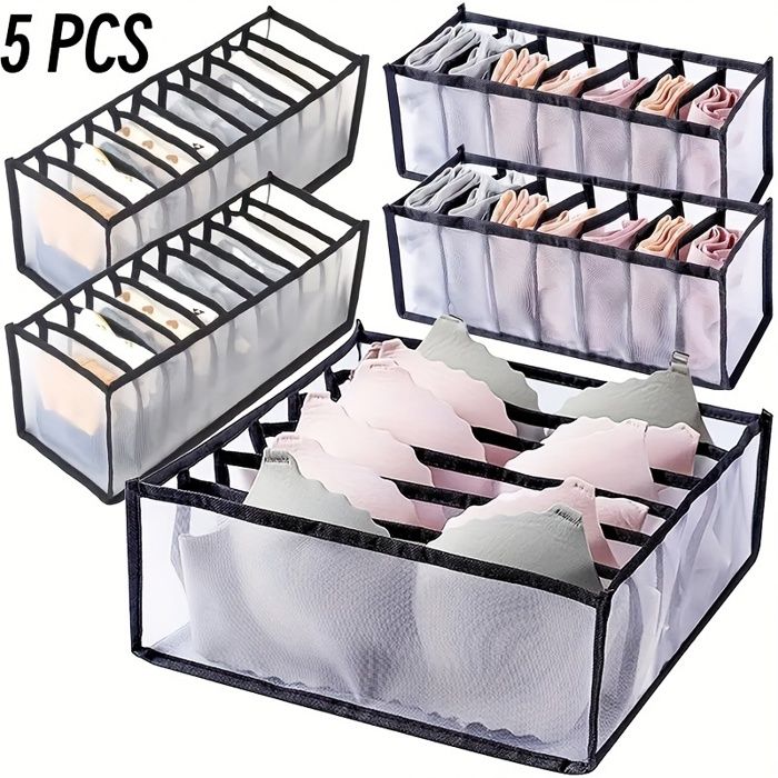 Ensemble de 5 organisateurs de dressing pliables — Boîtes de rangement pour sous-vêtements à carreaux — Tailles assorties