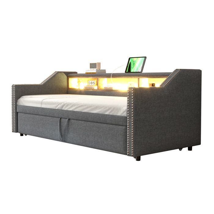 Polsterbett Schlafsofa Ausziehbar 90/180x190 cm mit LED-Licht USB-Anschluss und Stauraum Dunkelgrau