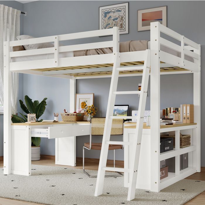 Lit mezzanine enfant ULEVR 140x200 cm avec bureau en U 2 tiroirs étagère échelle inclinée blanc et naturel