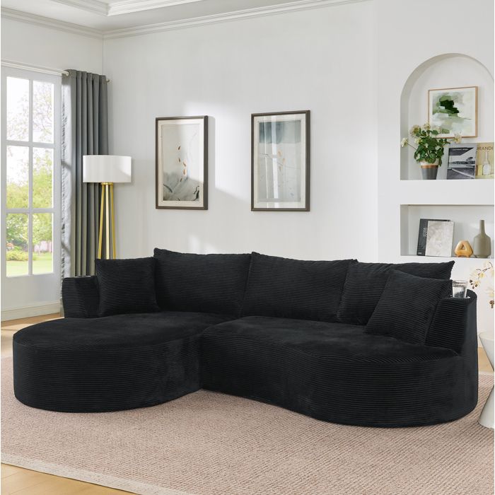 Ensemble canapé 3 places + méridienne 2 places en tissu doux noir forme incurvée avec porte-verres et coussins