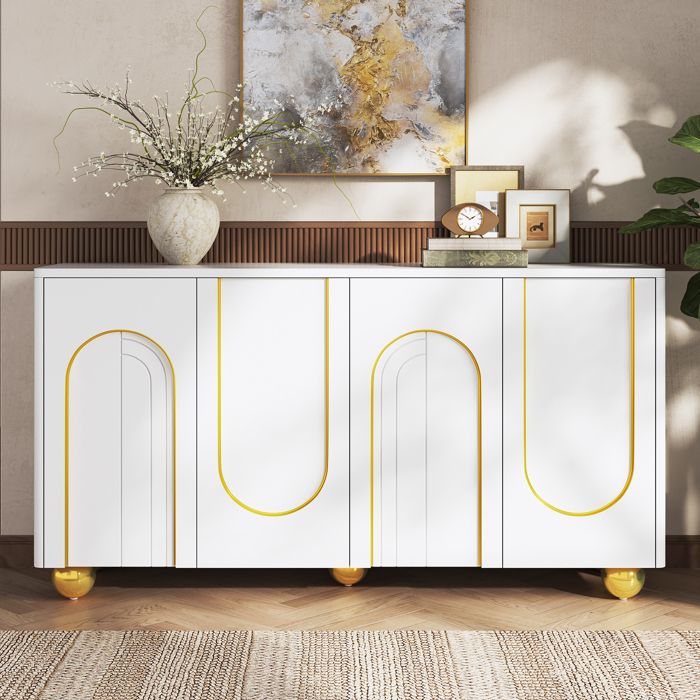 Buffet 4 Portes Blanc 140x40x74 cm Armoire de Rangement Salon/Salle à Manger Décor Ligne Arc Dorée en Relief Pieds Métal Sphériques