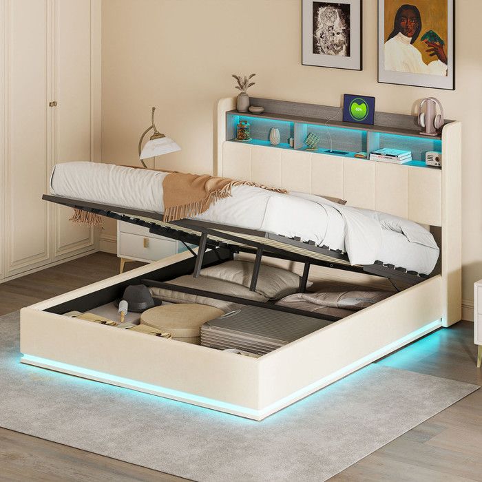 Lit coffre adulte - 140x190 cm - Sommier à lattes - Rangement hydraulique - Tête de lit LED RGB