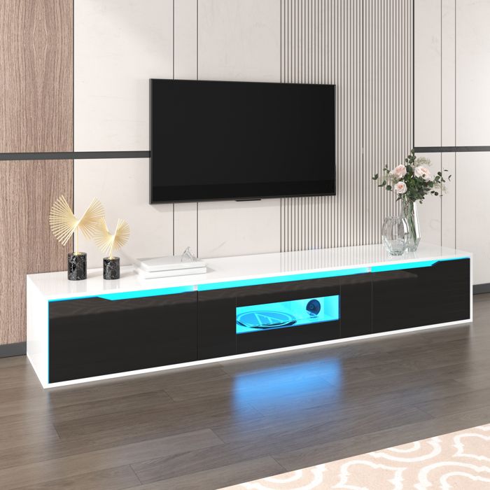 Meuble TV LED 180x30x35 cm LEMLIT Banc TV Salon Façade Noire Brillante Portes Rainurées LED 16 Couleurs 4 Modes - Noir et Blanc