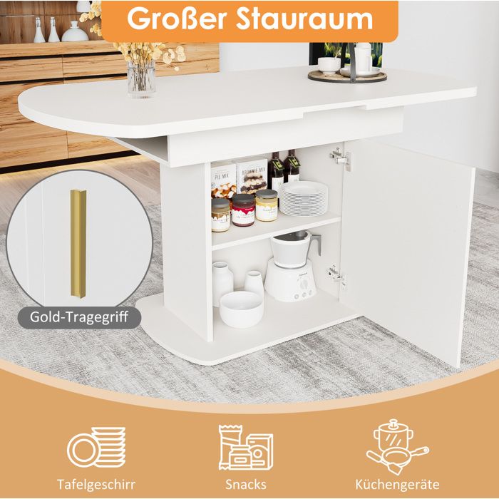 Table Extensible Ovale avec Placard et Étagères de Rangement - TCQPZ - Blanc et Or Cuisine et Salle à Manger