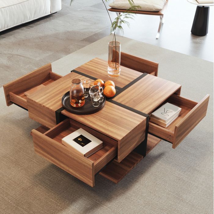 VEVXYN table basse carree rangement 4 tiroirs et etagere 78 x 78 x 36 cm panneaux de particules noir et bois
