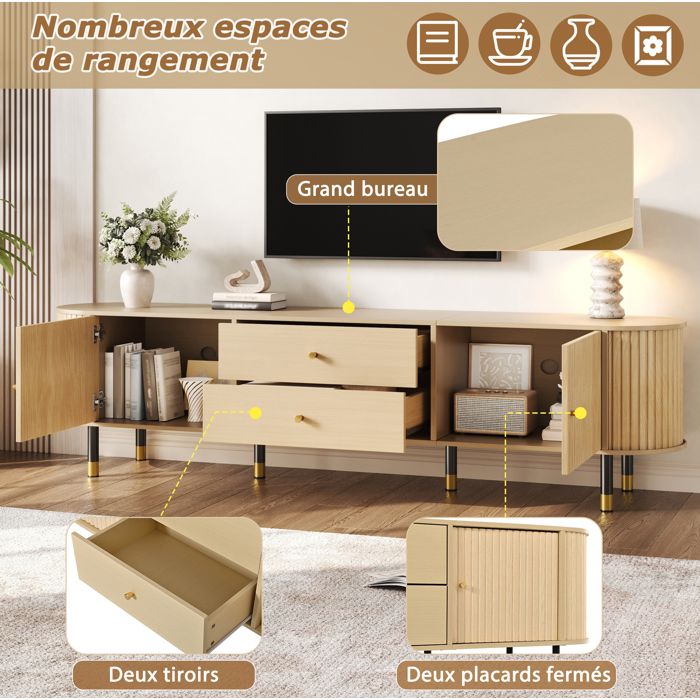 Meuble TV bas - SENVIRO 180 x 40 x 58 cm aspect bois naturel 2 tiroirs 2 portes gestion des câbles 6 pieds