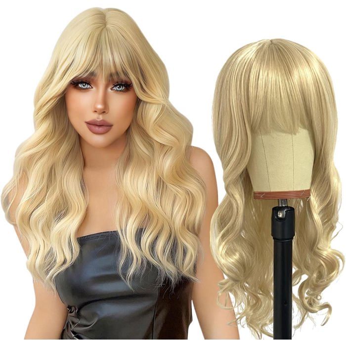 Perruques Longues Ondulée Avec Franges Blond Pour Femmes Perruque 27’’Cheveux Bouclés Synthétique Naturel Perruque De Cheveu[CA51]